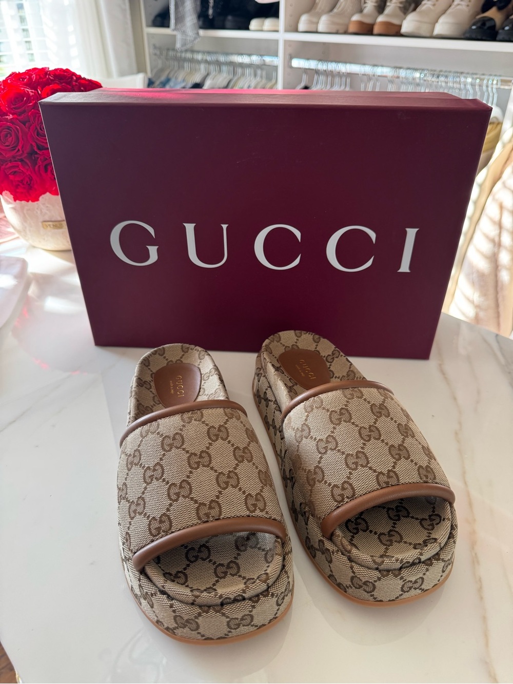 Gucci Beige GG Canvas Slide Sandals with Tan Trim, size 7.5